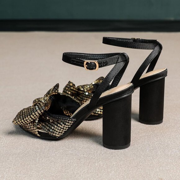 🆕 Women Black Sequin Bowknot Block Heeled Sandal Open Toe Chunky Ankle Strap - Picture 4 of 8